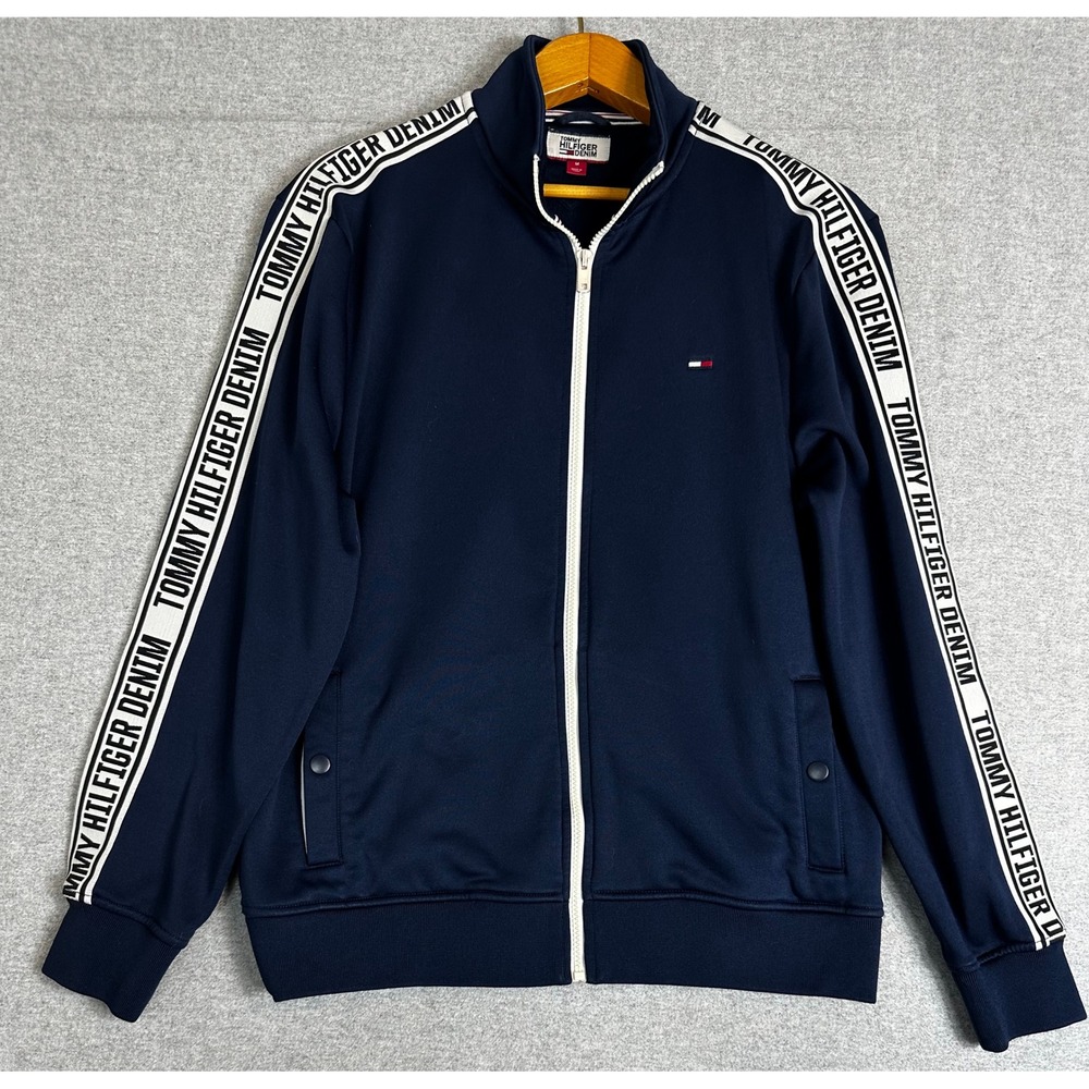 Tommy Hilfiger Track Jacket Mens M Navy Blue Spellout Logo Taped Sleeves Zip